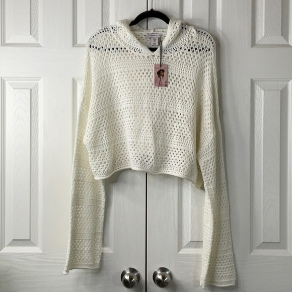 Sincerely Jules White Open Knit Hoodie Top Size XL - Picture 2 of 9